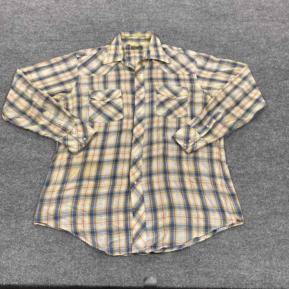 Vintage JCPenney Shirt Mens XL‎ Beige Plaid Long Sleeve Snap Button Up Pockets